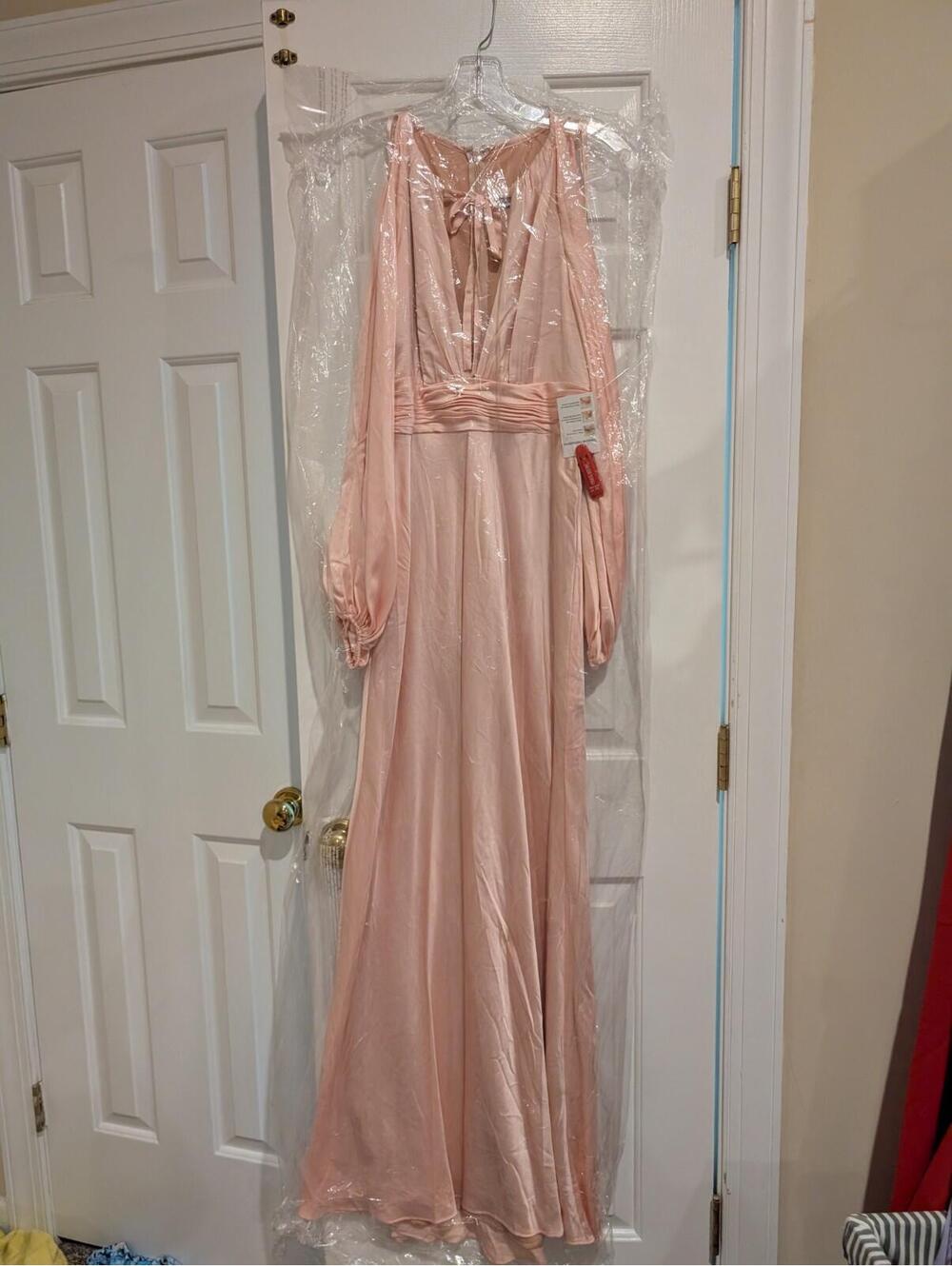NWT Ieena Max Duggal Long Sleeve Satin Sheath pink salmon size 4 $398 - Picture 3 of 4